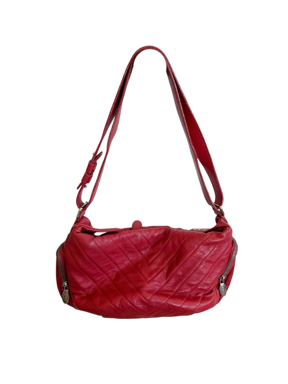Furla Red Leather Shoulder Bag Chevron Italy Y2K Pockets Adjustable Strap